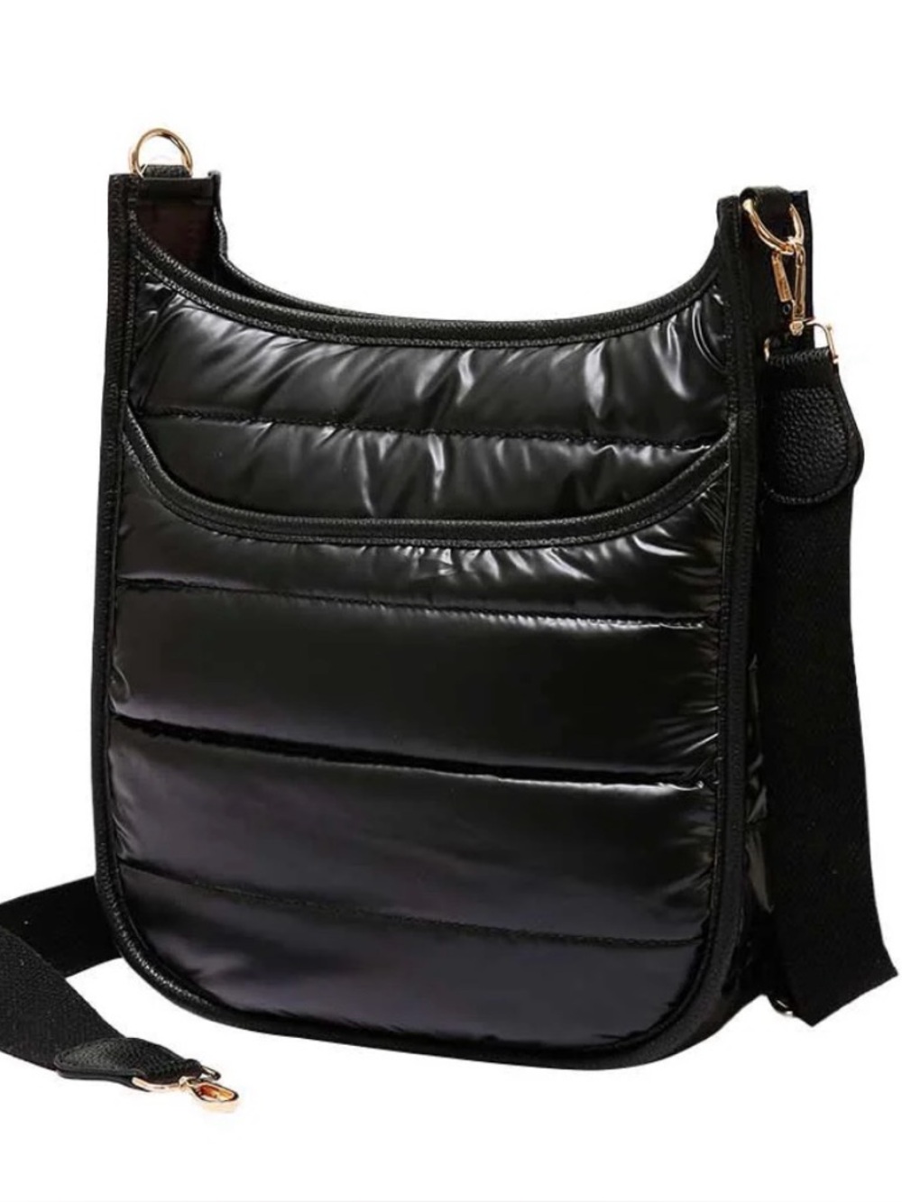 NWOT Solid Quilted Shiny Puffer Crossbody Bag Black with Bonus Replacement Strap